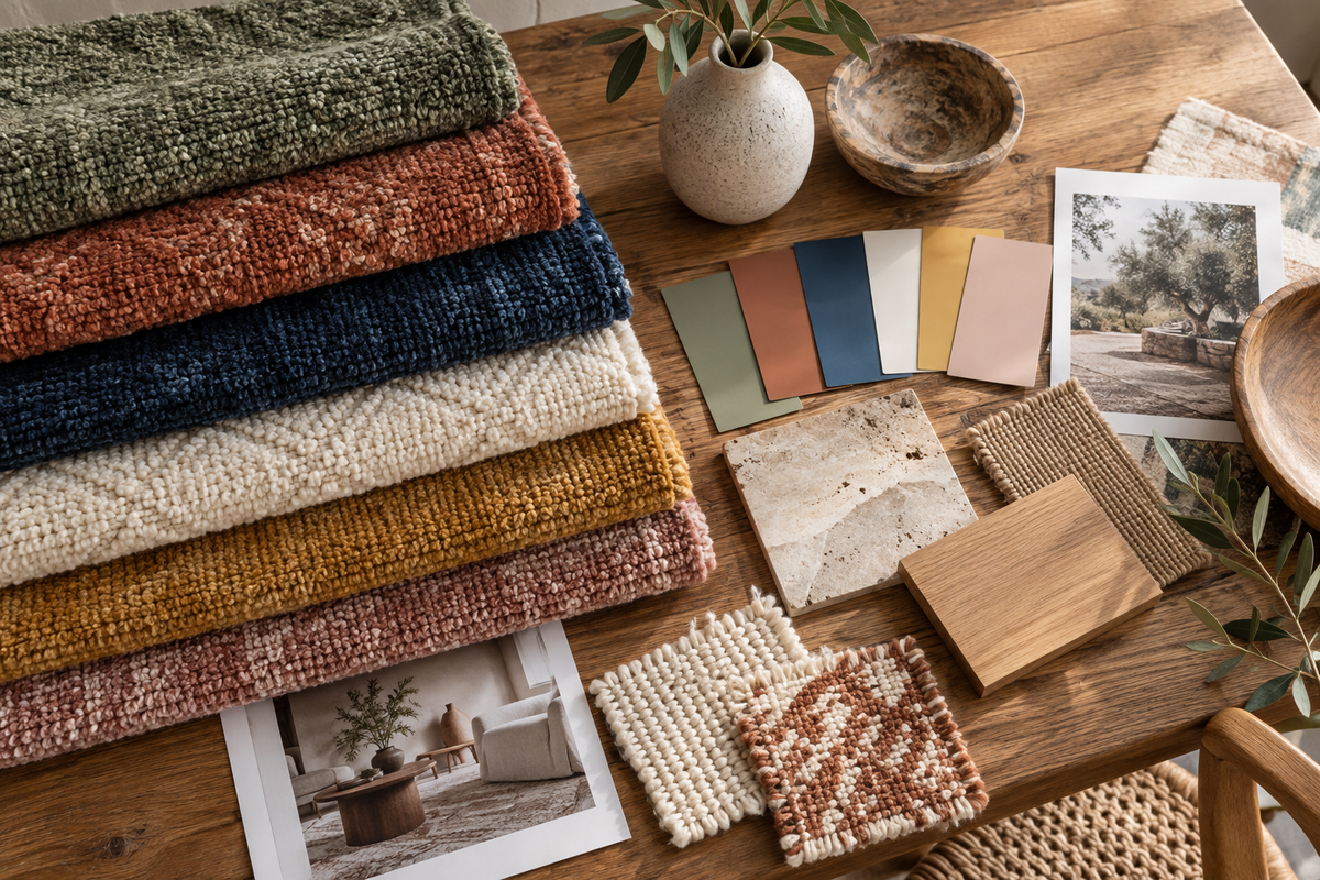 Rug sample palette with sage, terracotta, navy, ivory and rose colours — illustrative Journal image