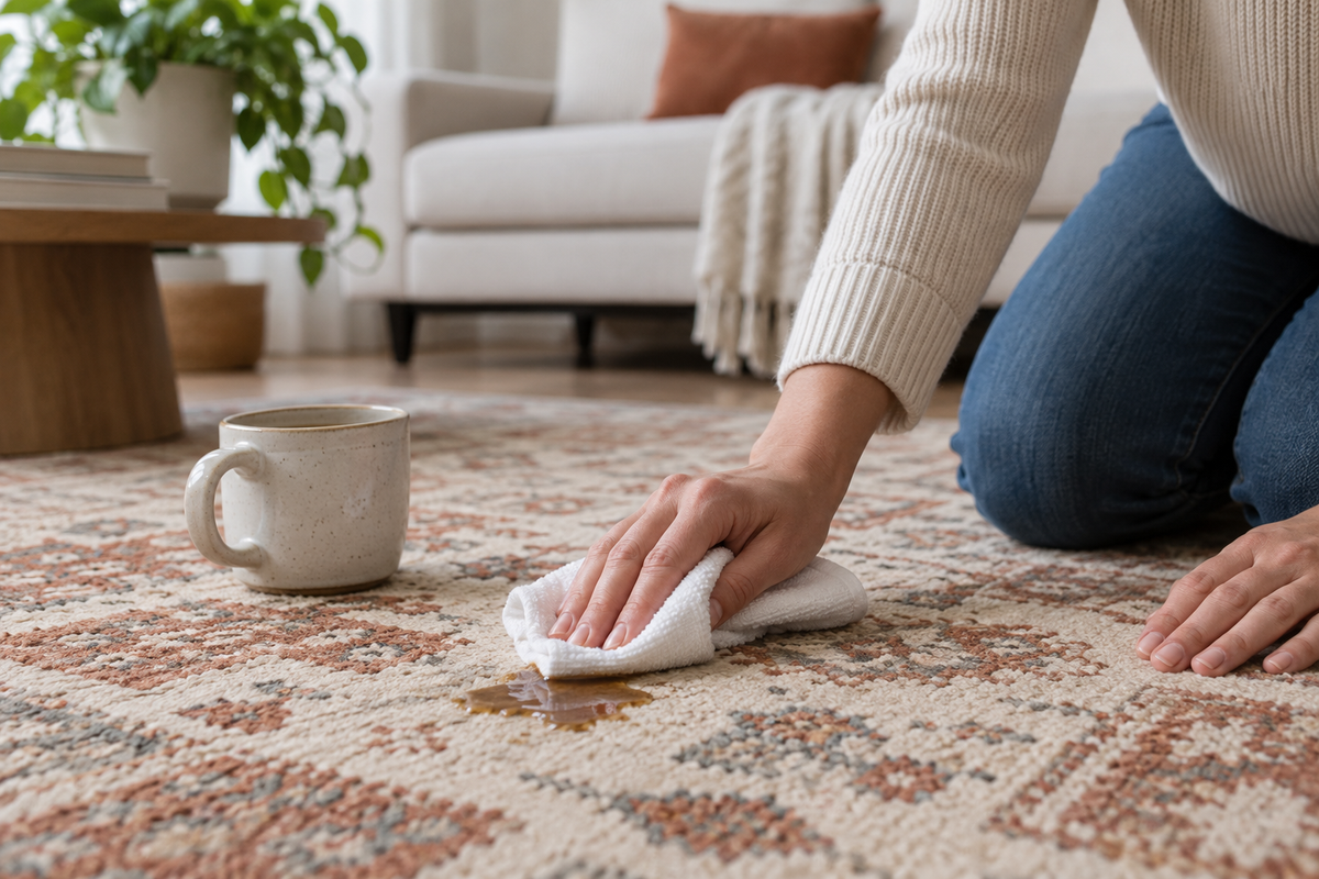 Hands gently blotting a spill from a patterned rug with a white cloth — illustrative Journal image