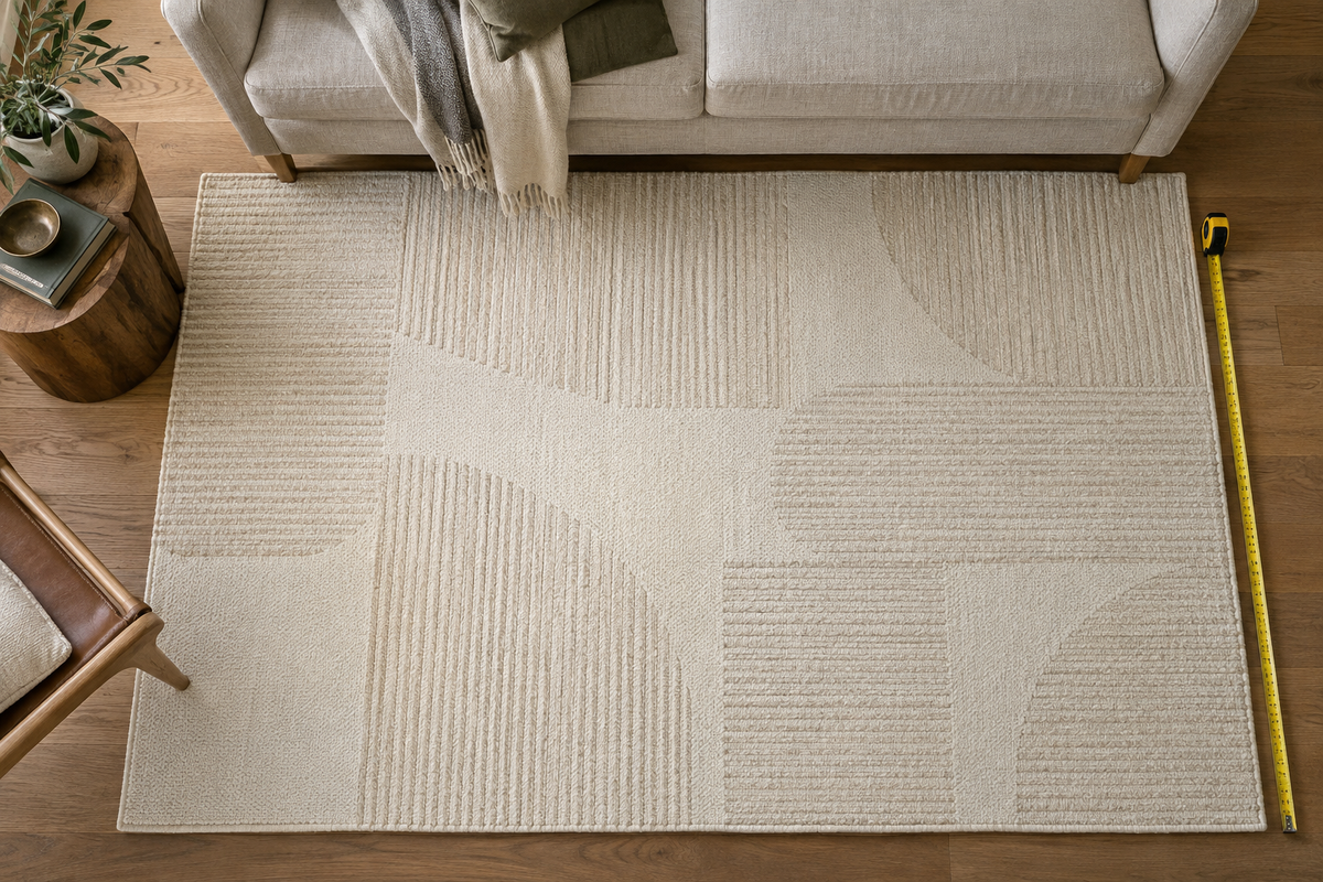 Overhead view of a rug and measuring tape beside a sofa — illustrative Journal image