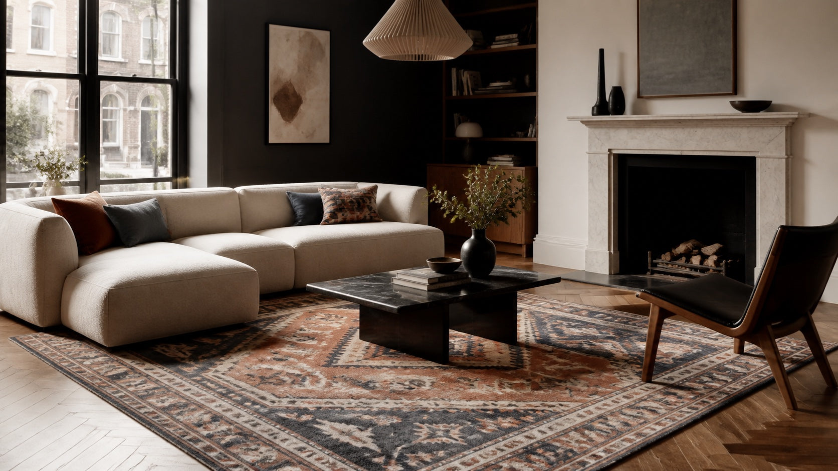 Modern Anatolian-inspired rug in a design-led London living room