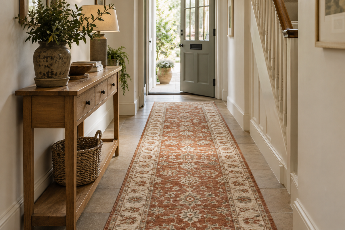 Terracotta runner in a light neutral hallway — illustrative Journal image
