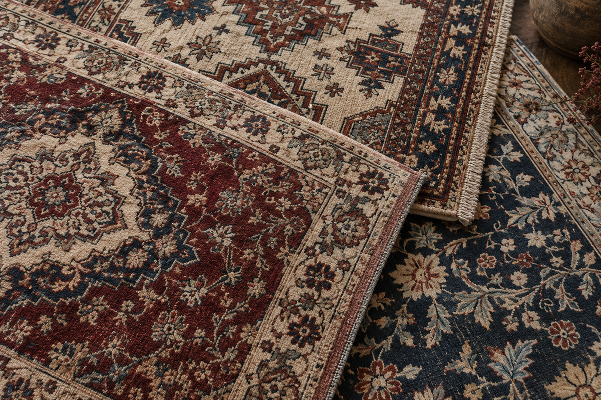 Close-up of layered floral and geometric rug patterns — illustrative Journal image