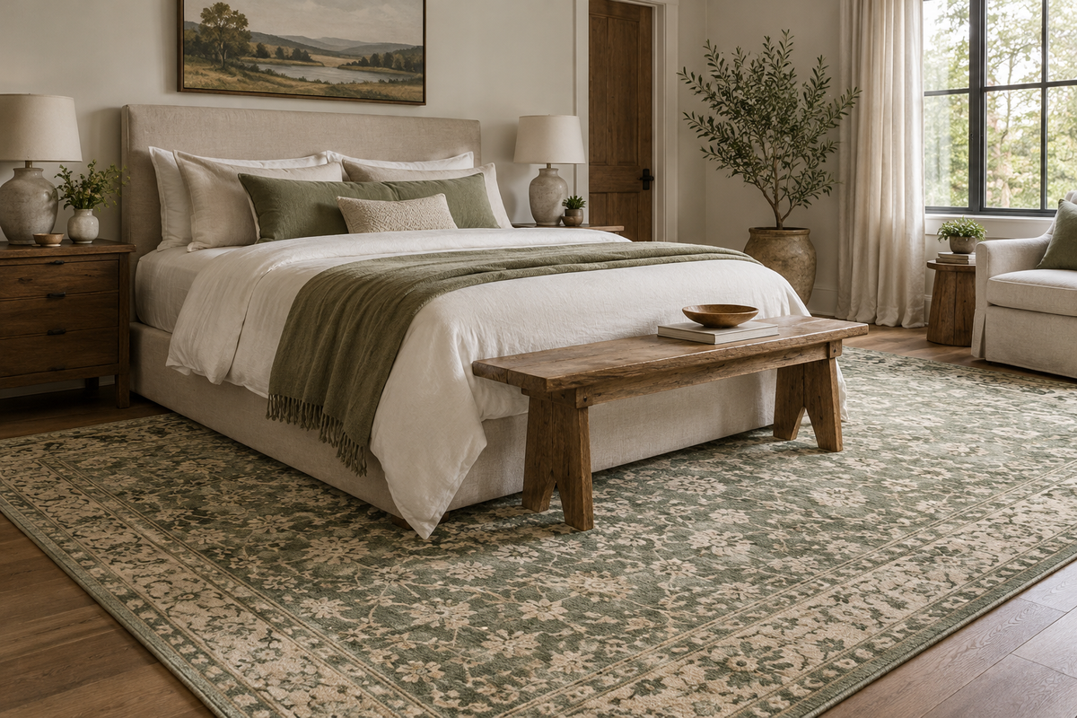 Sage and ivory rug extending around a linen upholstered bed — illustrative Journal image