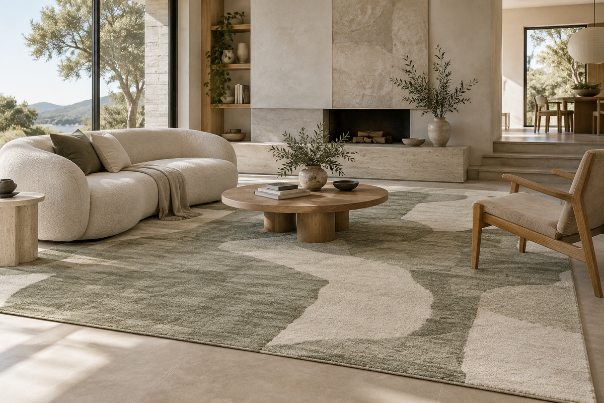 Abstract sage and ivory rug in a contemporary living room — illustrative Journal image