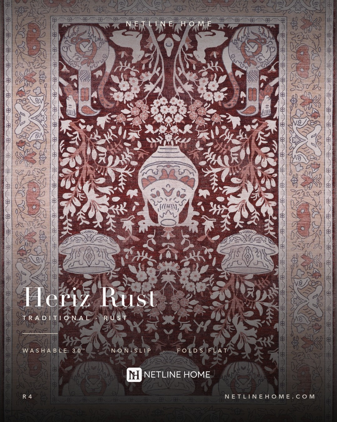 Cool Medallion Burnt Orange Traditional Washable Rug — room photo 2
