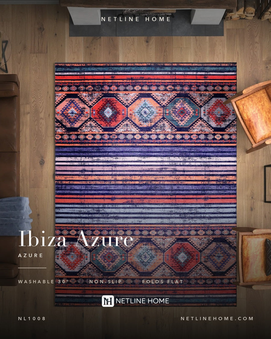 Dusky Patina Bright Blue Bohemian Washable Rug