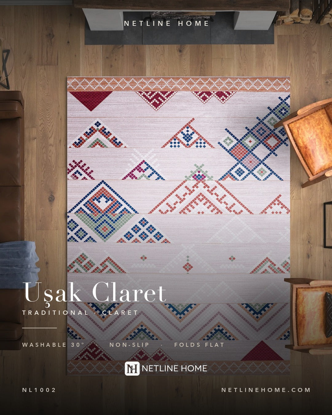 Painted Medallion Deep Red Traditional Washable Rug — room photo 2