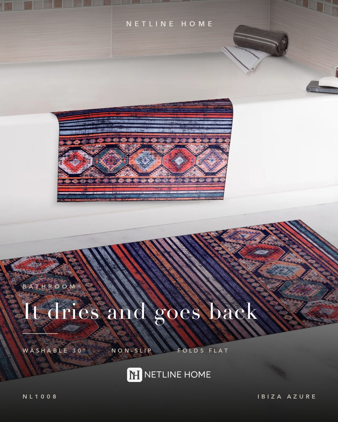 Dusky Patina Bright Blue Bohemian Washable Rug — room photo 12