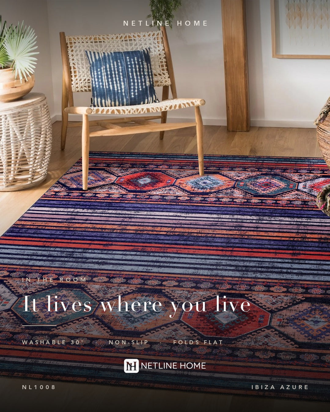 Dusky Patina Bright Blue Bohemian Washable Rug — room photo 13
