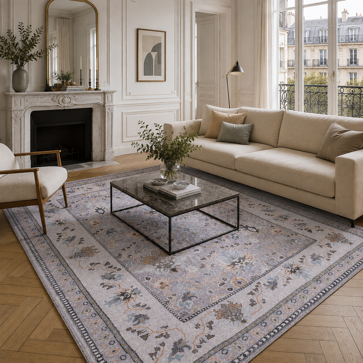 Refined Medallion Soft Grey Traditional Washable Rug — room photo 4