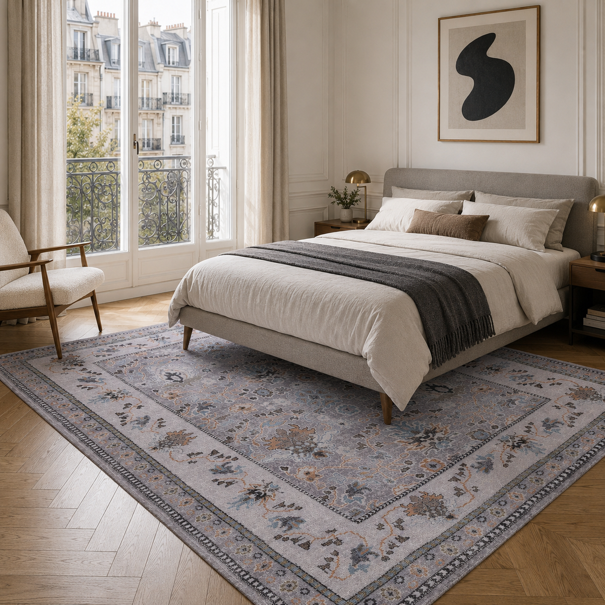 Refined Medallion Soft Grey Traditional Washable Rug — room photo 5