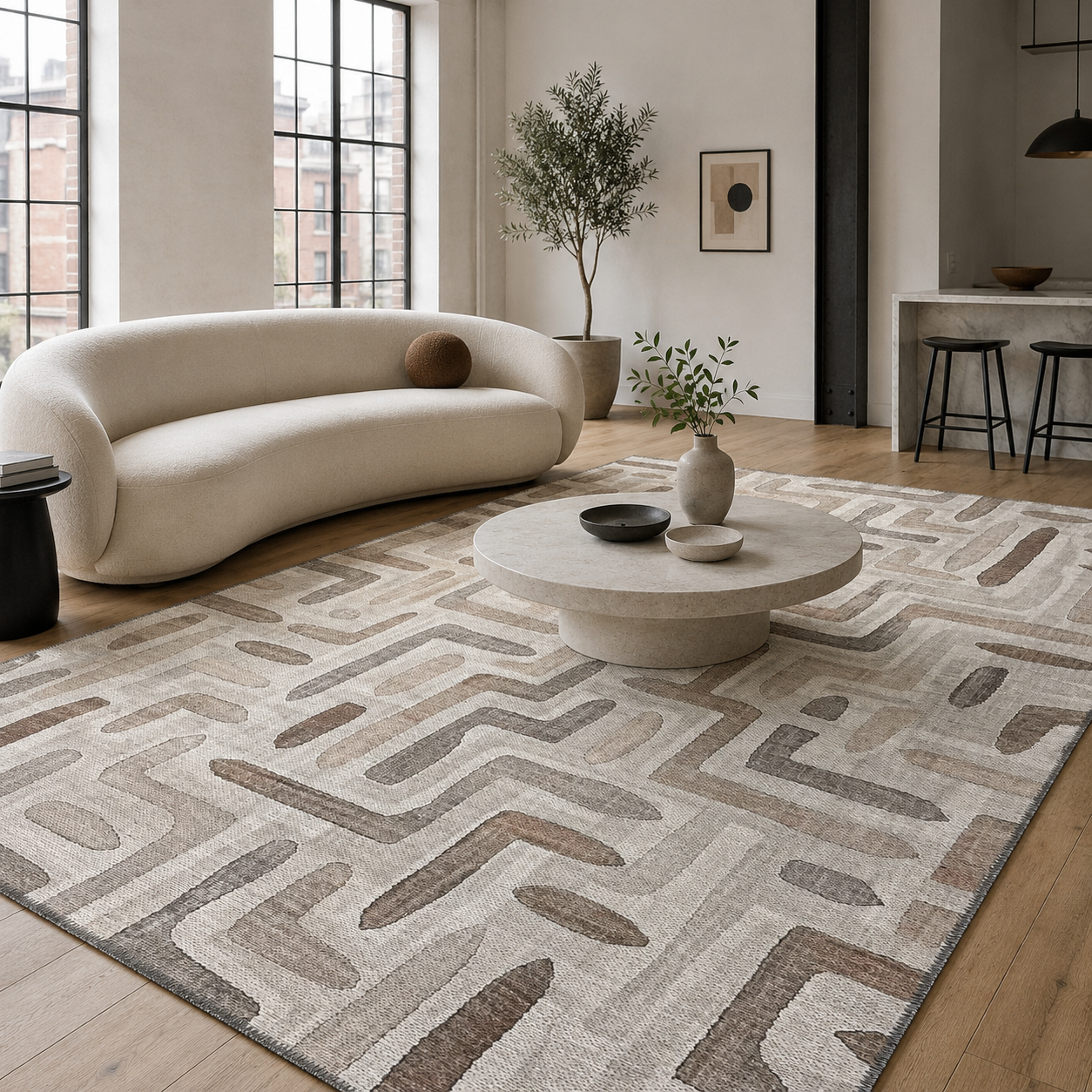 Layered Geometry Taupe Washable Rug