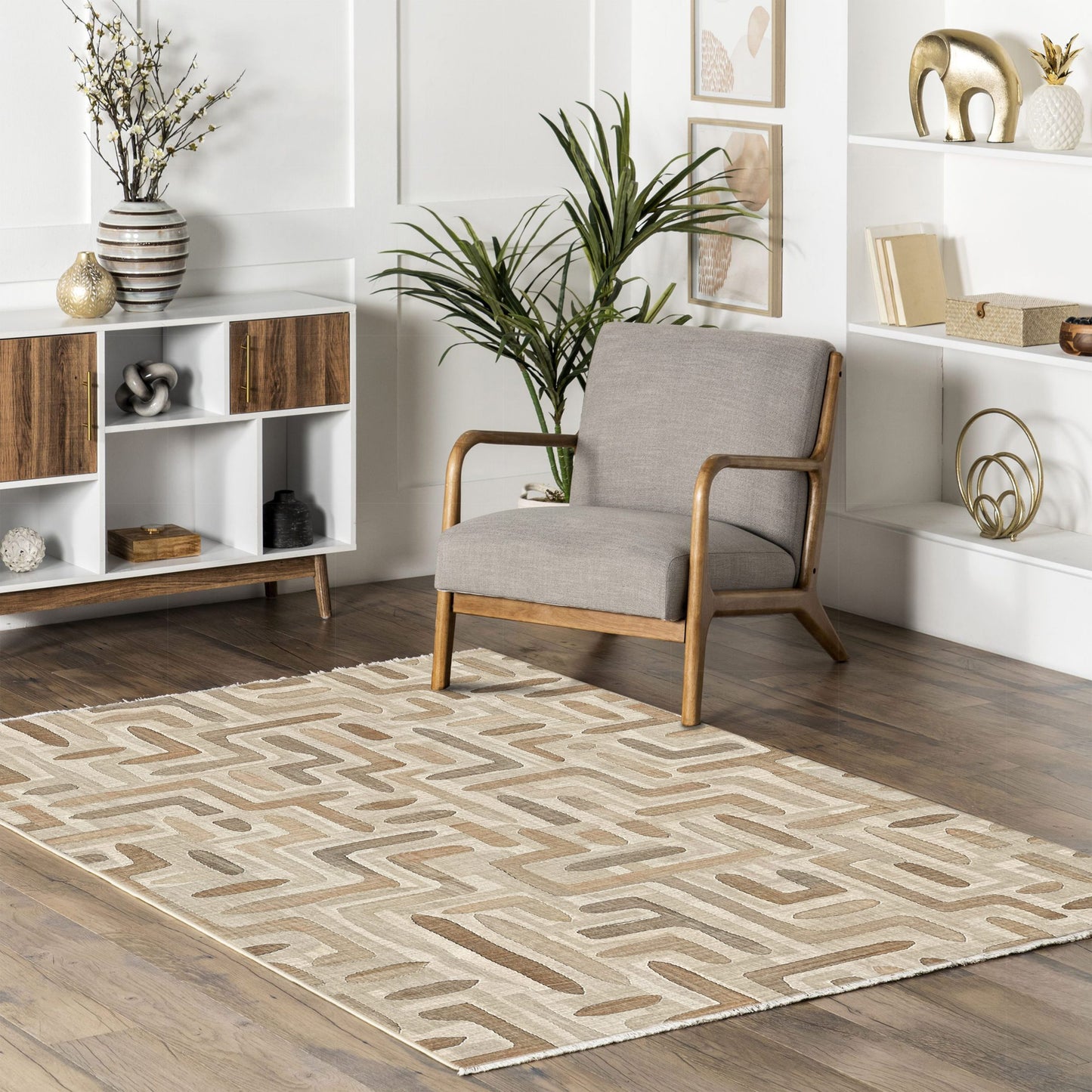 Layered Geometry Taupe Washable Rug