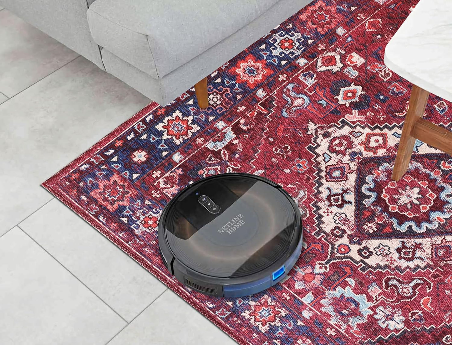 RW1307 washable chenille area rug, robot vacuum