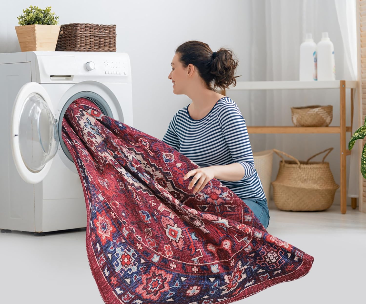 RW1307 machine washable rug being placed in a washing machine