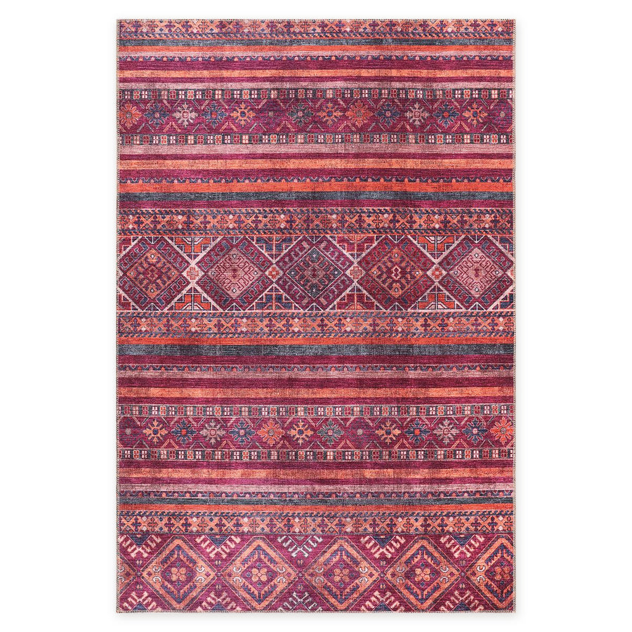 Tiled Border Burnt Red Heritage Washable Rug