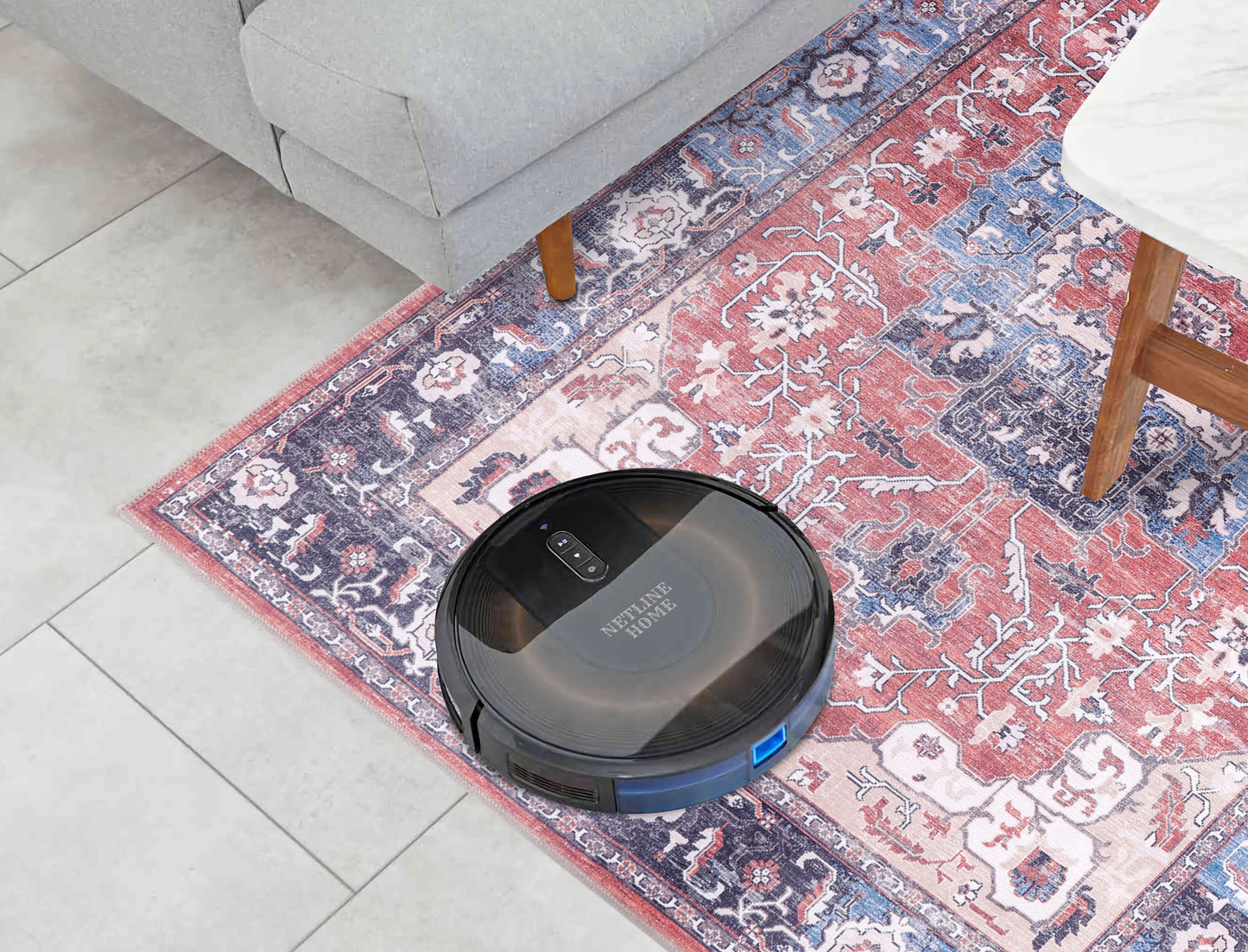 RW2023 washable chenille area rug, robot vacuum