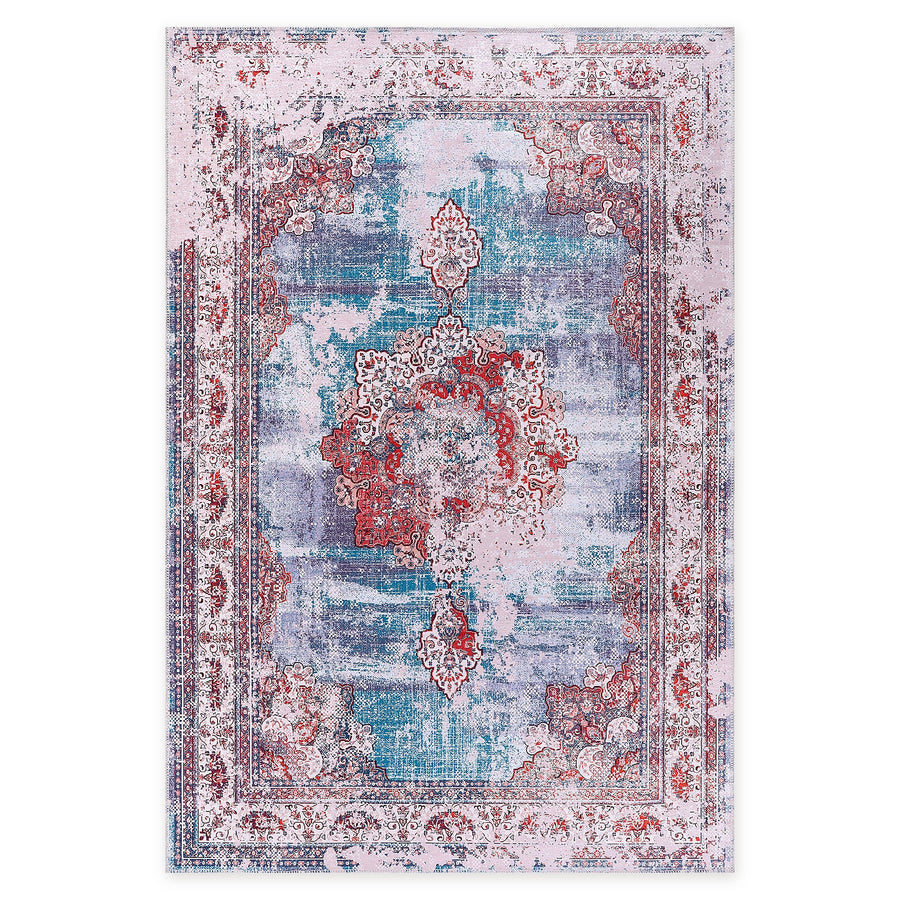 Painted Medallion Indigo Blue Traditional Washable Rug
