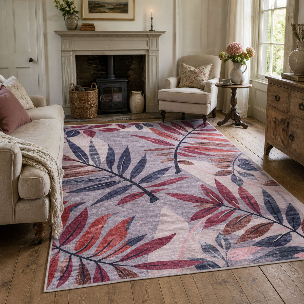 Premier Floral Soft White Washable Rug — room photo 2