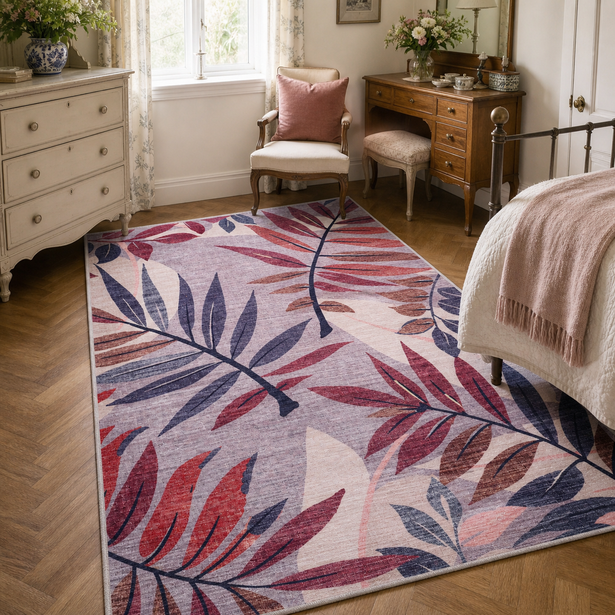 Premier Floral Soft White Washable Rug — room photo 23