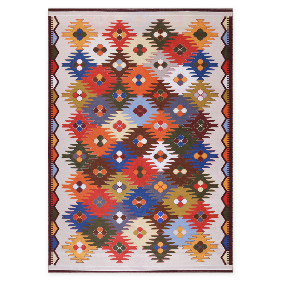 Symmetric Mosaic Deep Red Bohemian Washable Rug