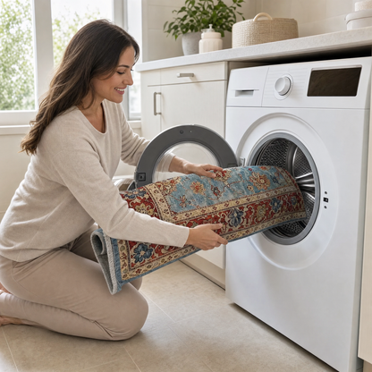 RW3032 machine washable rug being placed in a washing machine