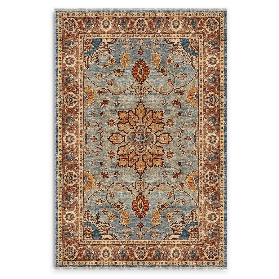 Repeating Floral Mid Blue Traditional Washable Rug
