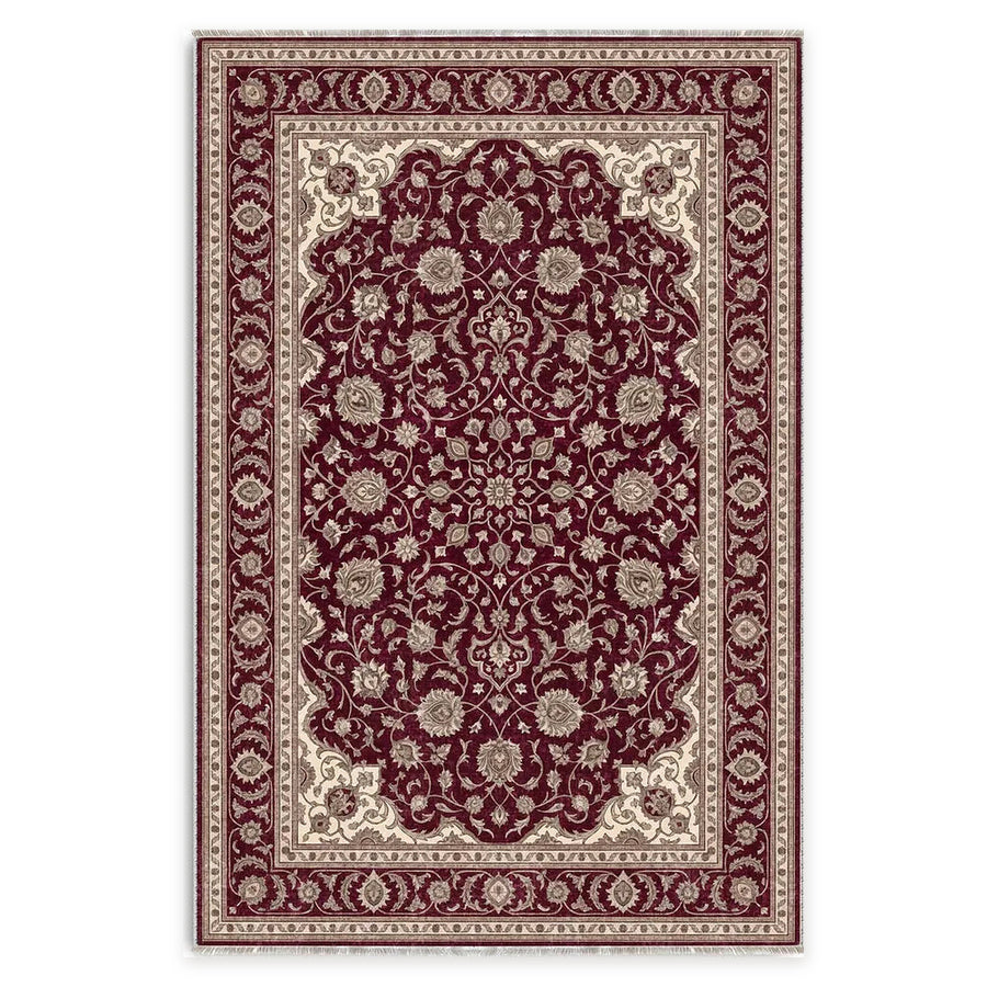 Crown Floral Deep Red Traditional Washable Rug