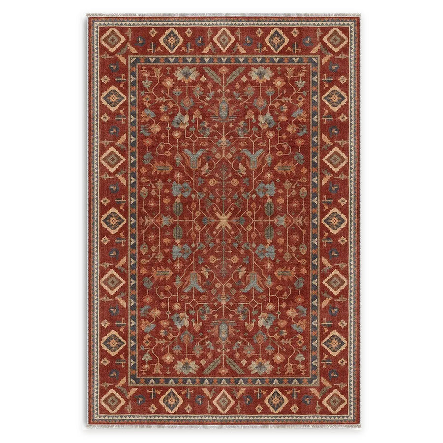 Balanced Geometry Deep Red Heritage Washable Rug
