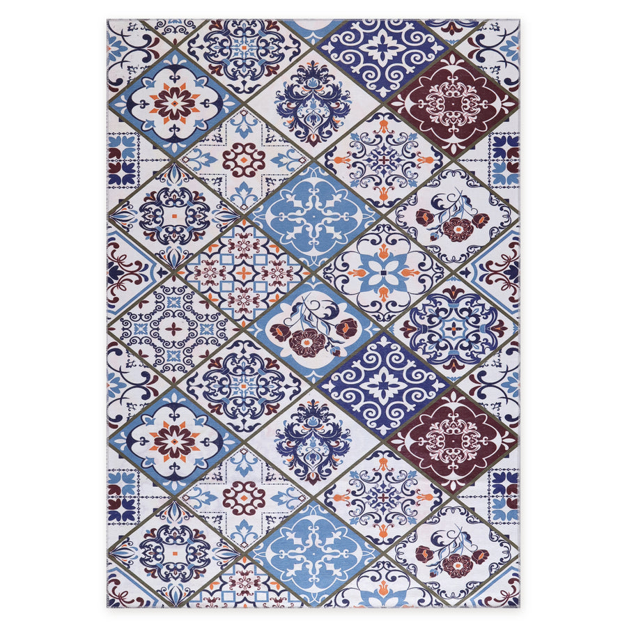 Noble Lattice Navy Blue Geometric Washable Rug