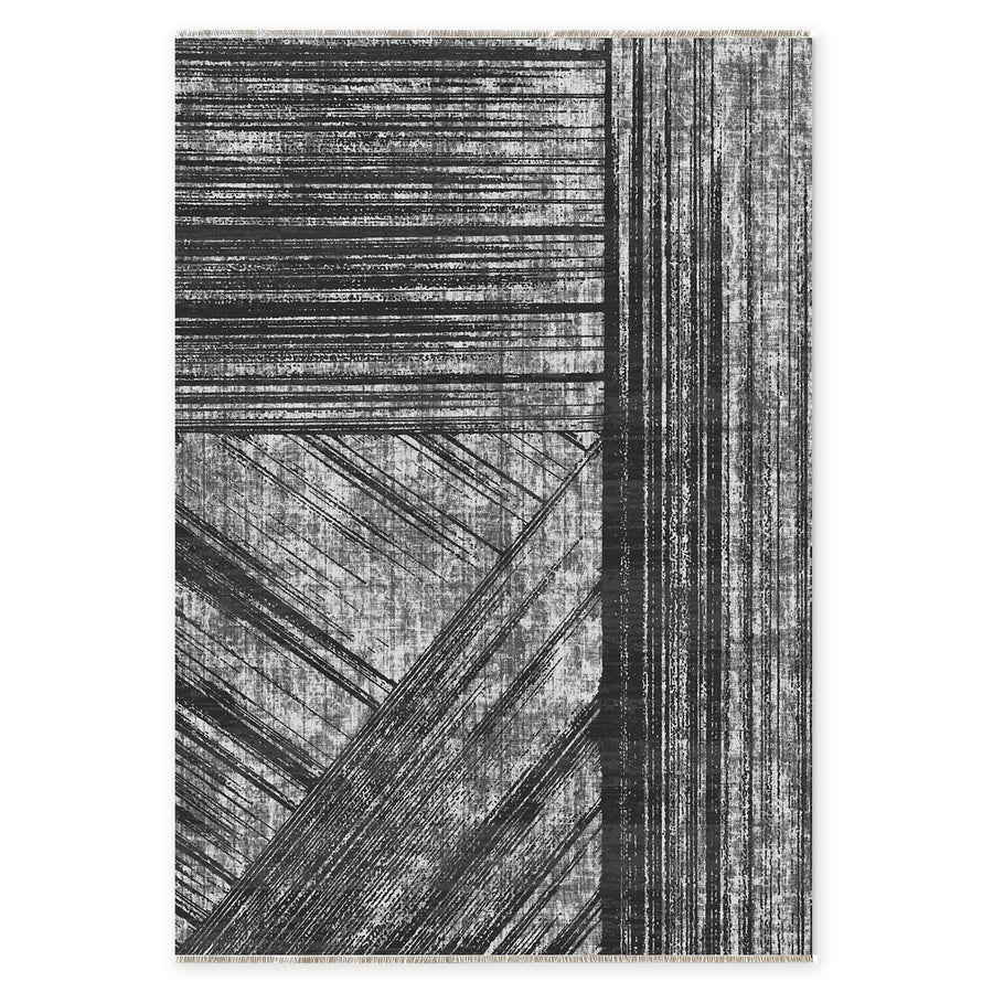 Dusky Linework Black Modern Washable Rug