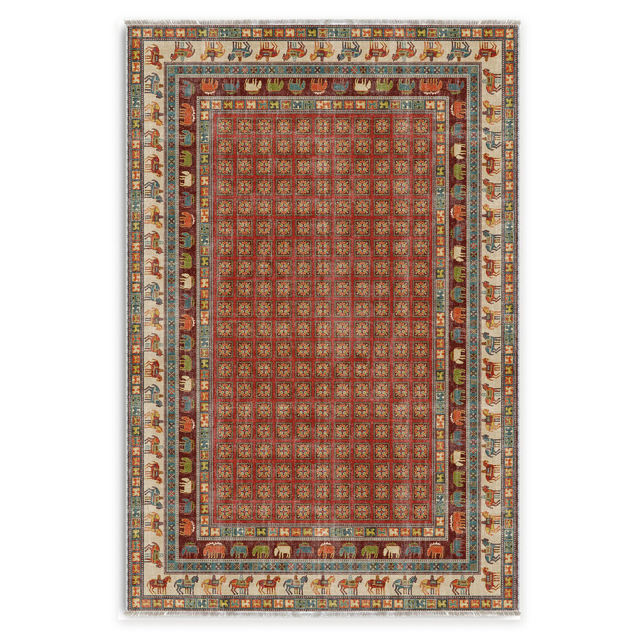 Georgian Floral Deep Red Traditional Washable Rug