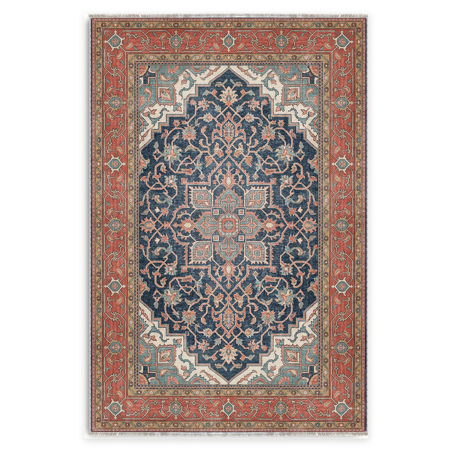 Bold Border Bright Blue Heritage Washable Rug
