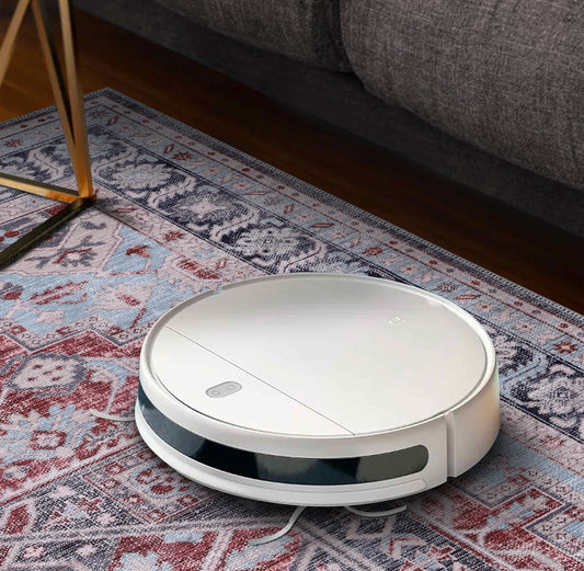RWK1 washable chenille area rug, robot vacuum