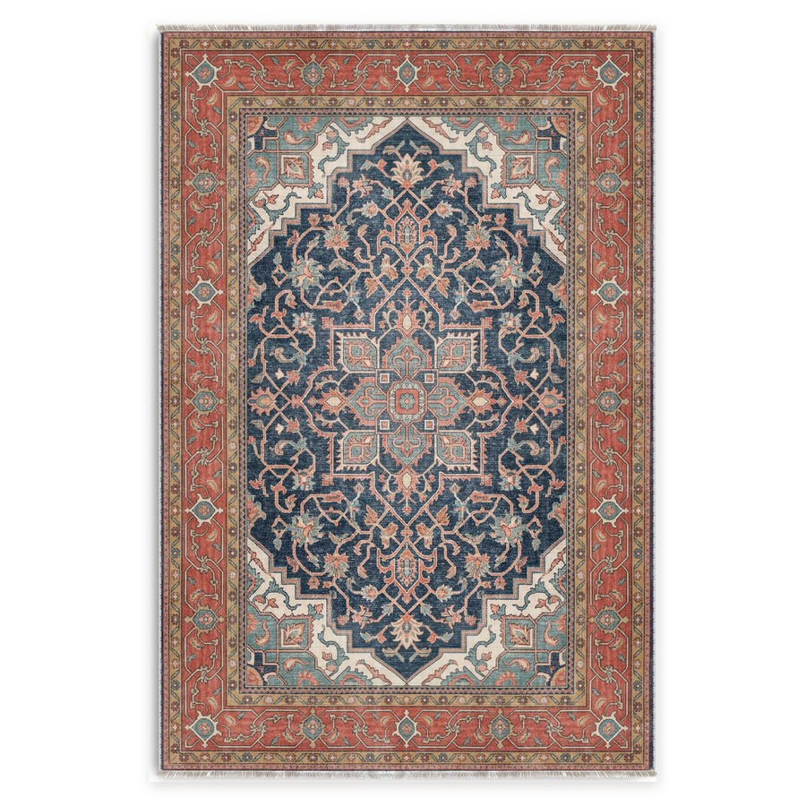 Crossed Arch Navy Blue Traditional Washable Rug