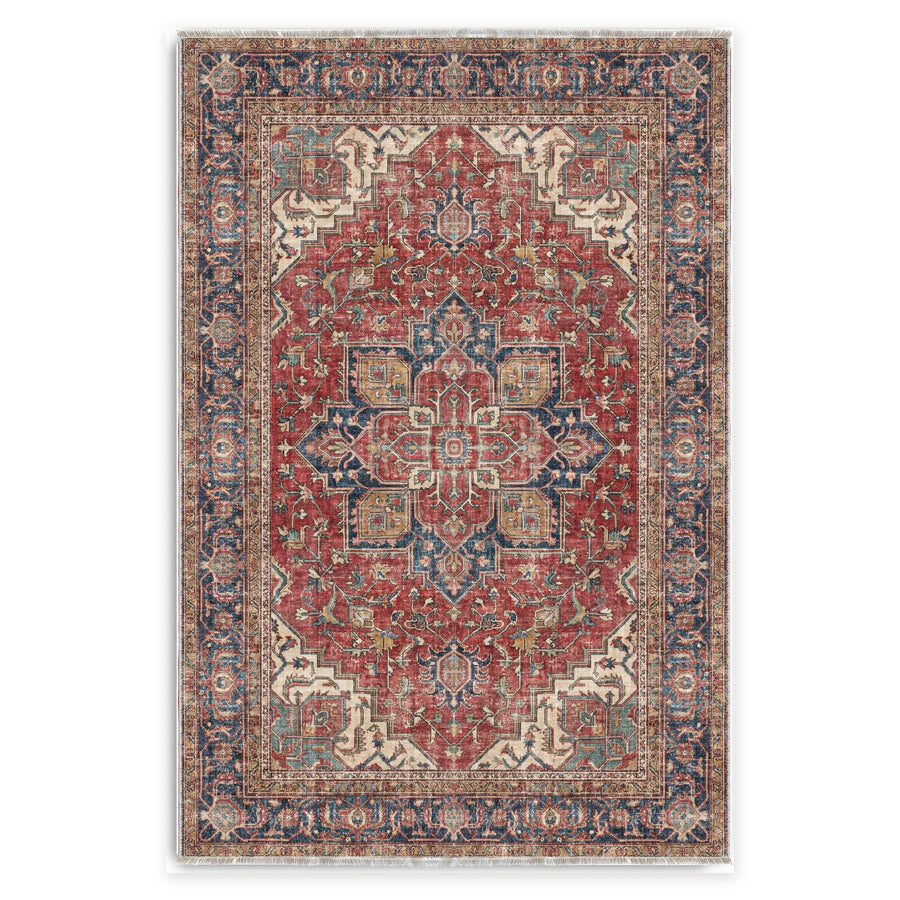 Crossed Border Crimson Red Traditional Washable Rug