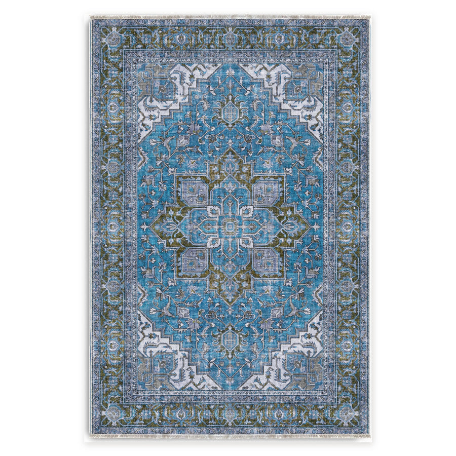 Studio Linework Navy Blue Traditional Washable Rug