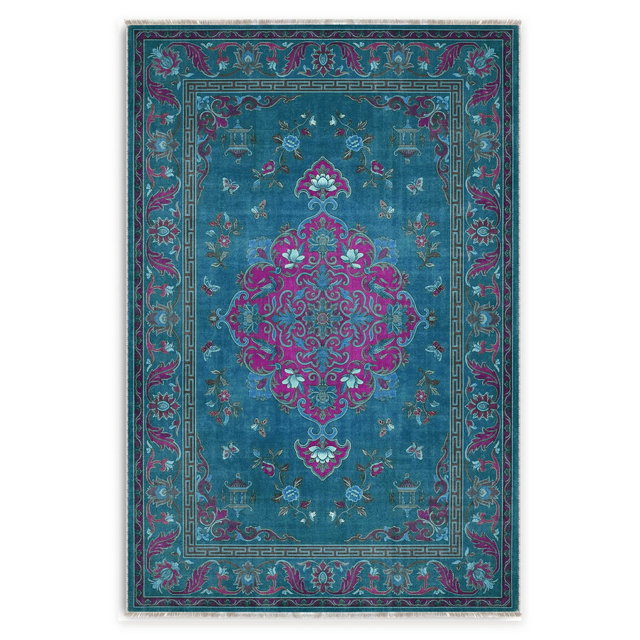 Weathered Lattice Mid Blue Traditional Washable Rug