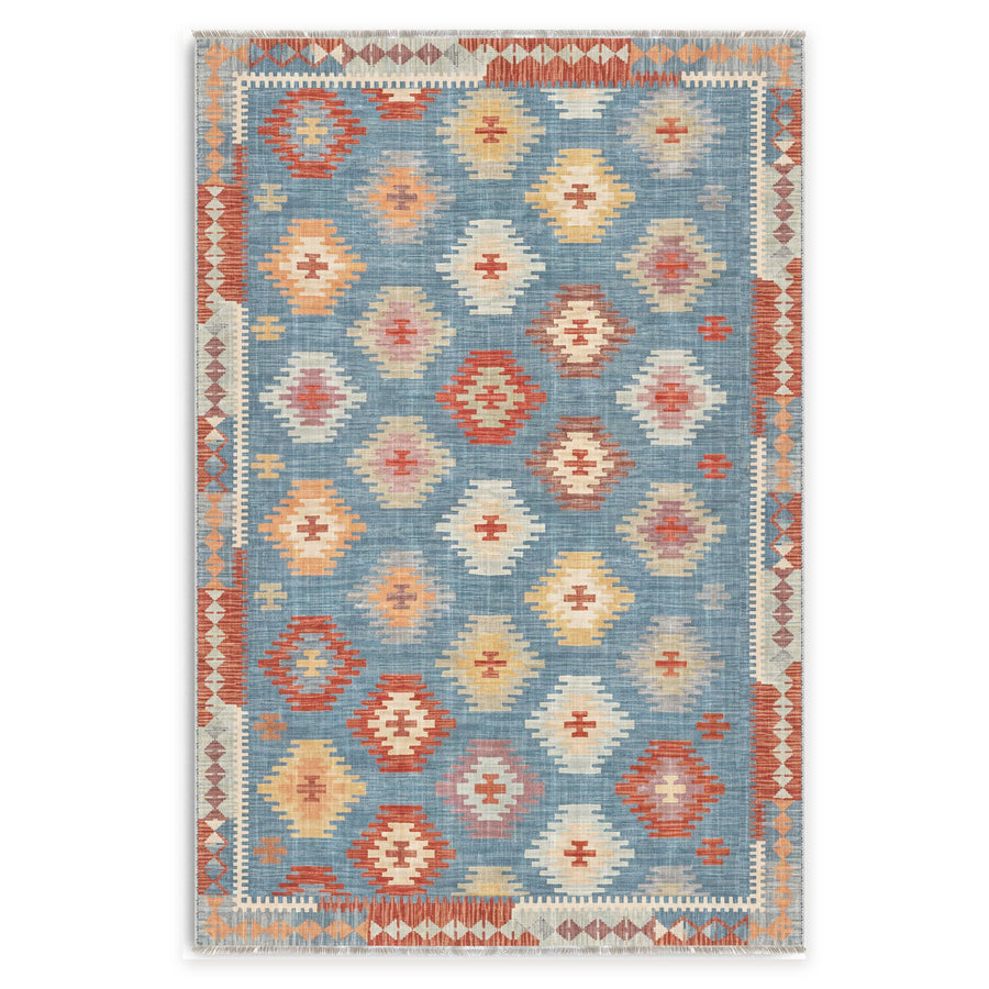 Layered Geometry Indigo Blue Washable Rug