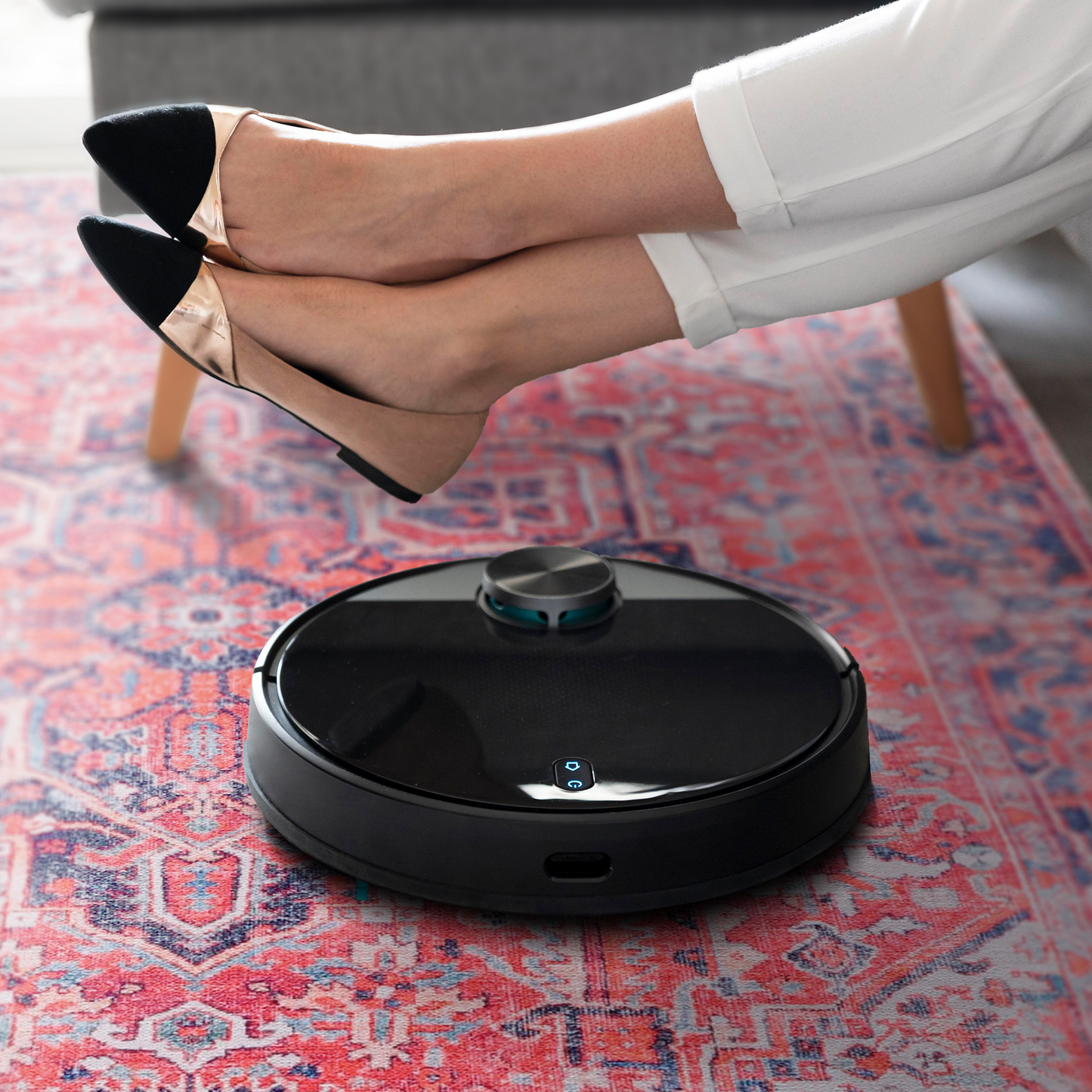 RWNL1001 washable chenille area rug, robot vacuum
