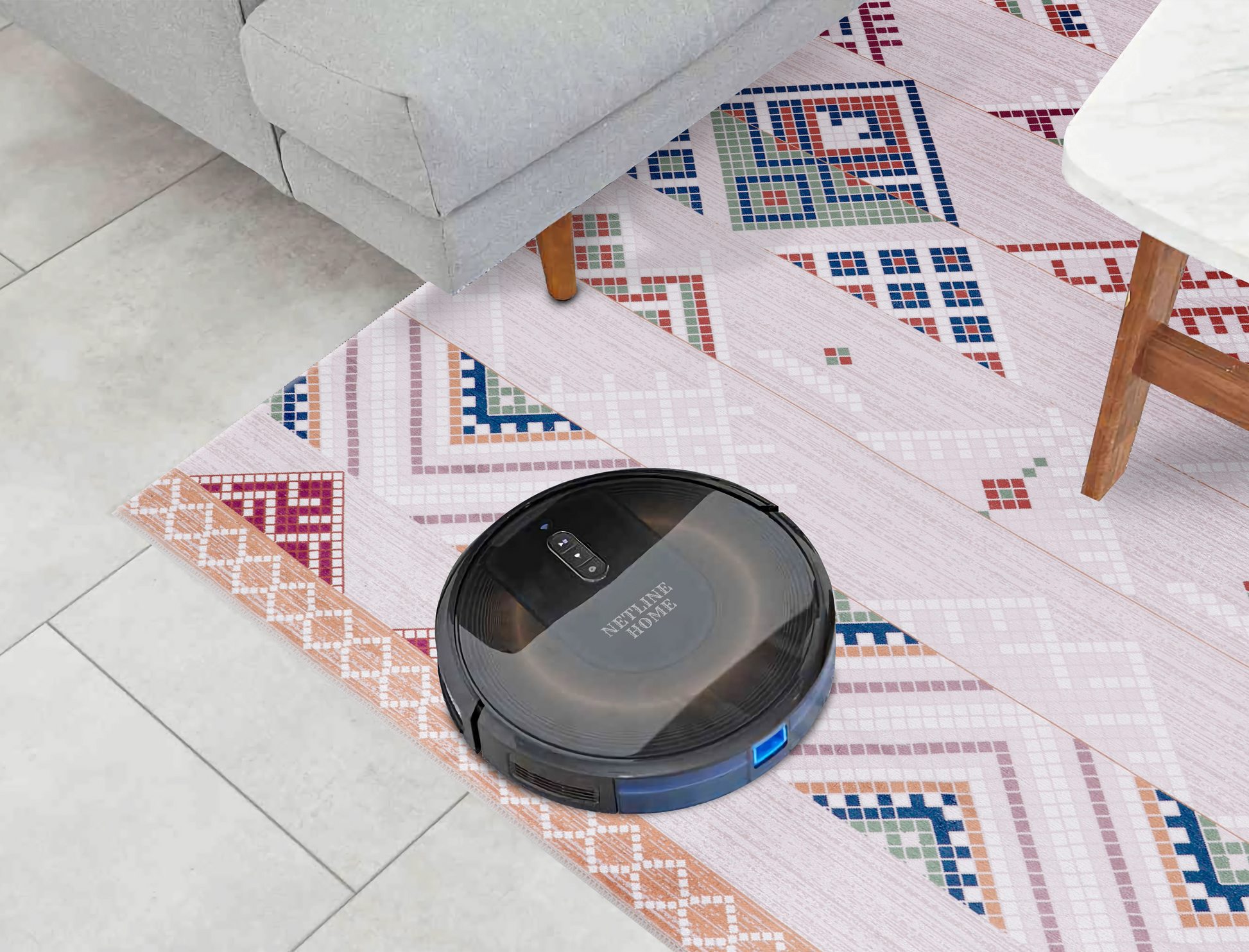 RWNL1002 washable chenille area rug, robot vacuum
