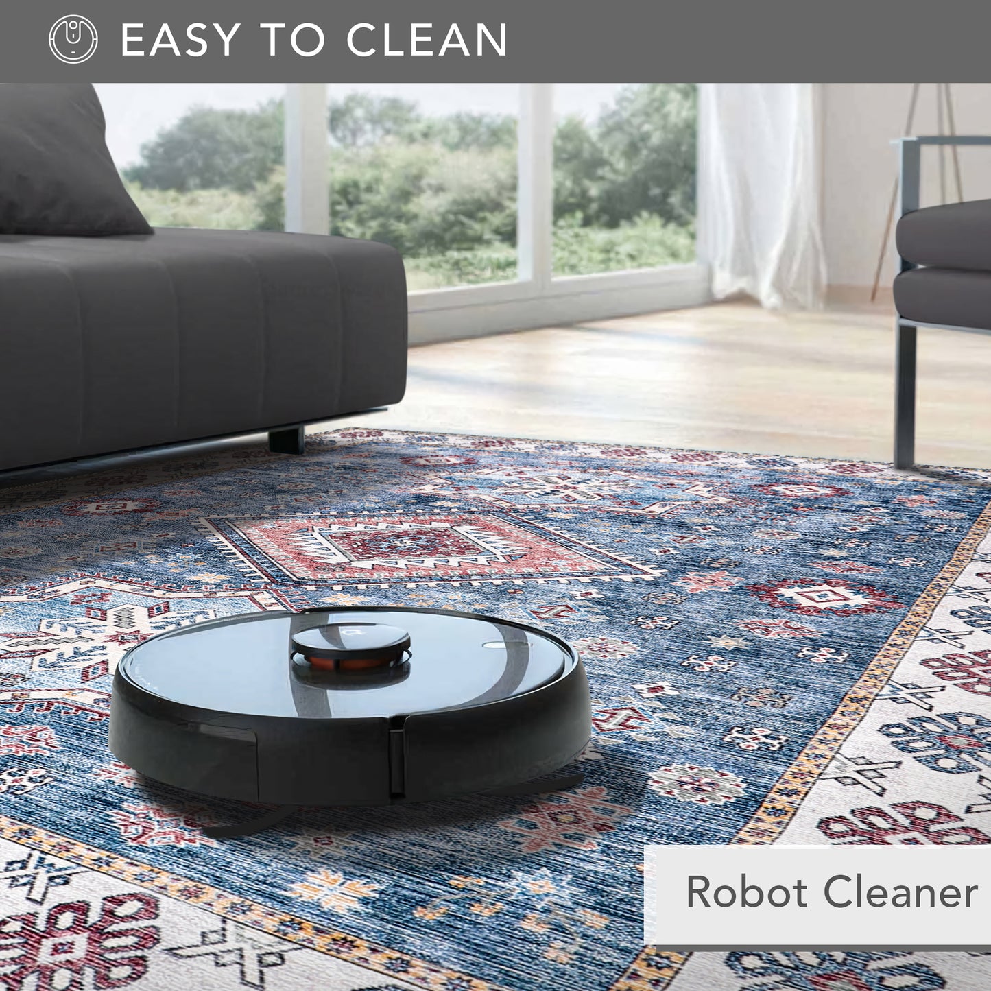 RWNL1016 washable chenille area rug, robot vacuum