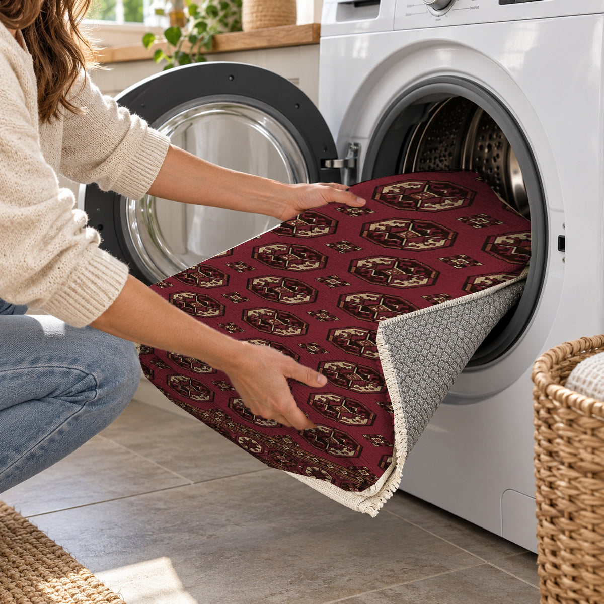 Afghan Red Gul Burgundy Gold Ethnic Washable Rug — washing machine