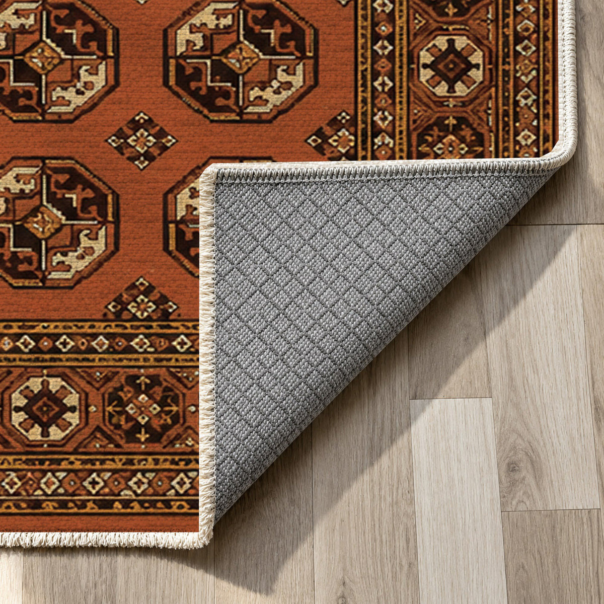 Afghan Red Gul Burnt Sienna Ethnic Washable Rug — backing close up