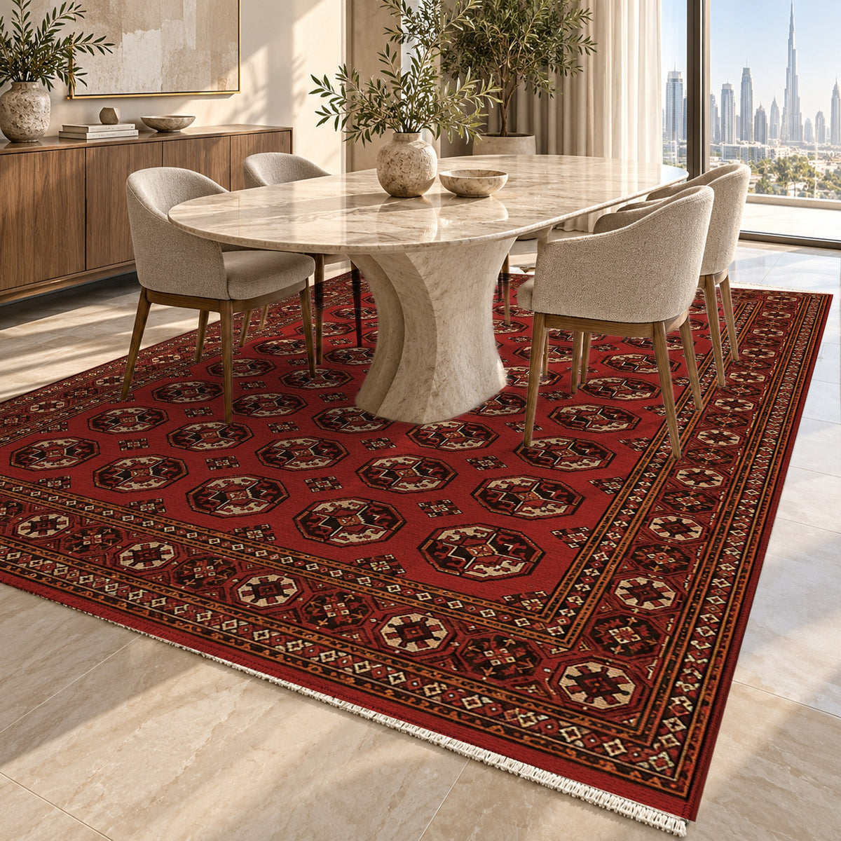Afghan Red Gul Charcoal Red Ethnic Washable Rug — dubai dining