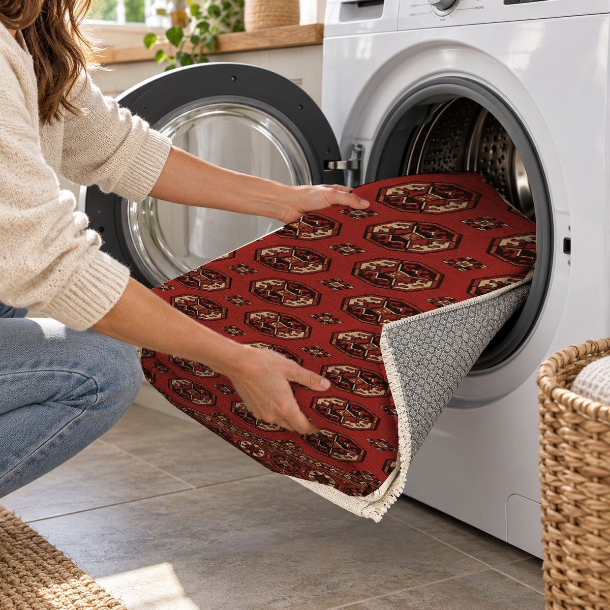 Afghan Red Gul Charcoal Red Ethnic Washable Rug — washing machine