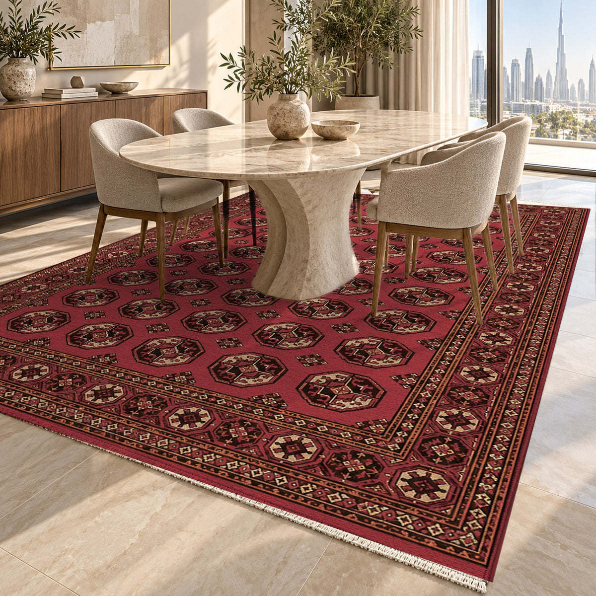 Afghan Red Gul Cranberry Sand Ethnic Washable Rug — dubai dining