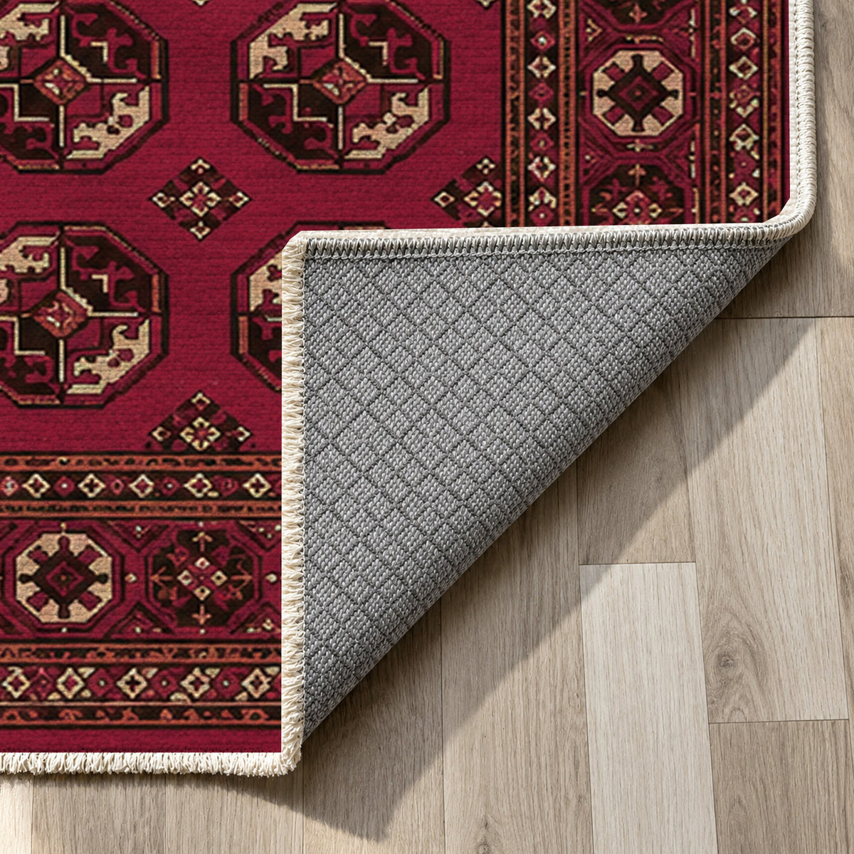 Afghan Red Gul Deep Garnet Ethnic Washable Rug — backing close up