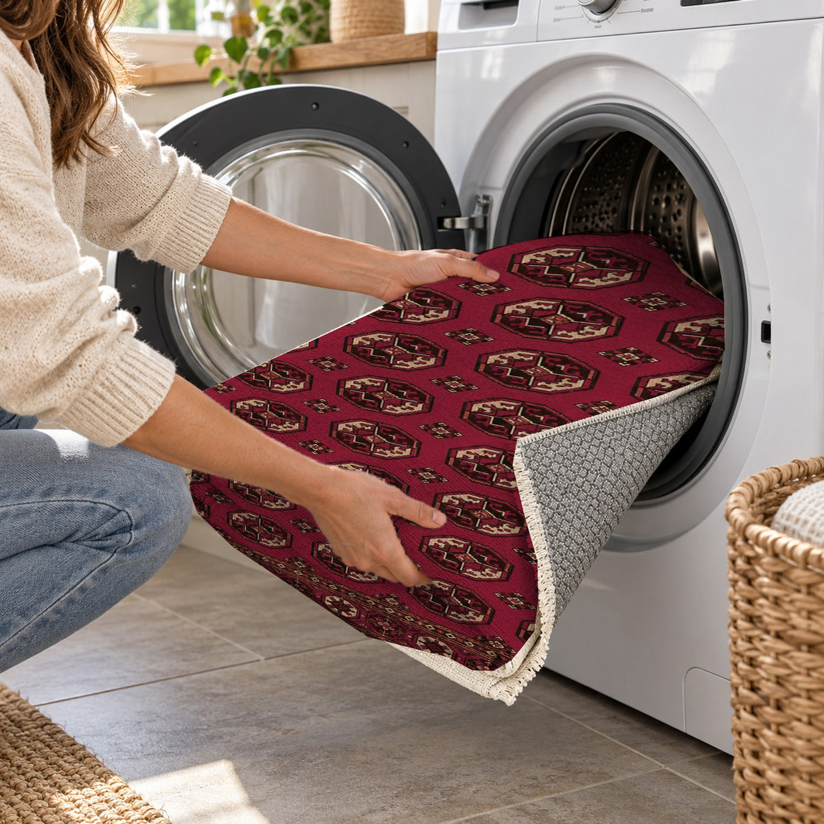 Afghan Red Gul Deep Garnet Ethnic Washable Rug — washing machine
