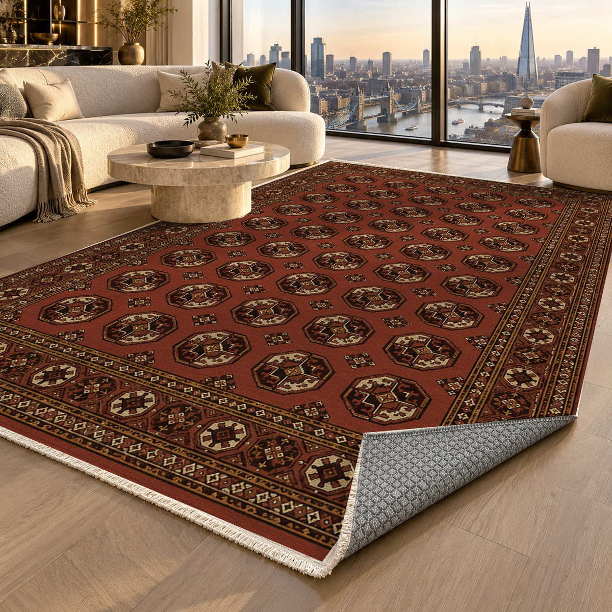 Afghan Red Gul Mahogany Ethnic Washable Rug — london luxury living